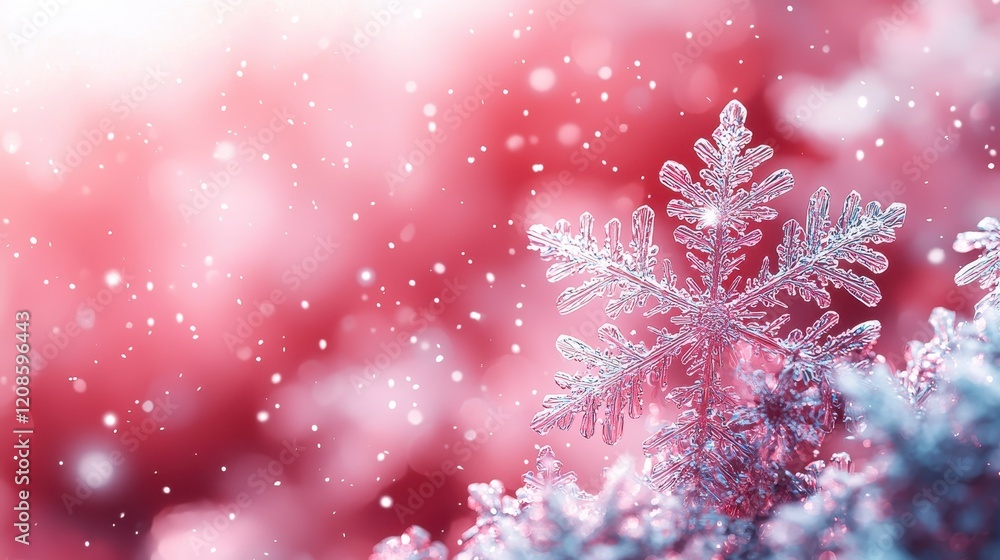 Poster close-up of a delicate, intricate snowflake on a blurred, red winter background with falling snow.