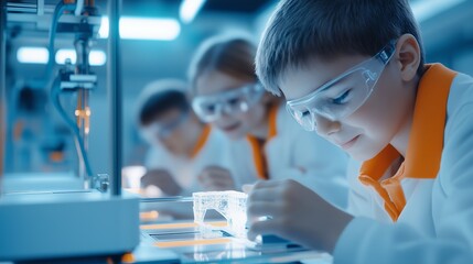 Children engaged in science experiment wearing safety goggles in a bright laboratory setting
