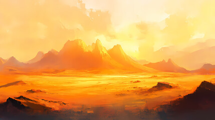 Golden light of sunset casting long shadows across a desert landscape, with the sand dunes glowing in warm tones. Amber Dunes. Illustration