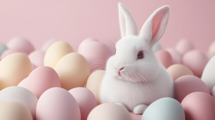Obraz premium Adorable white rabbit with pastel colored easter eggs - perfect for spring decor and celebrations