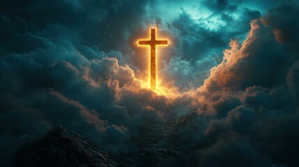 Fototapeta premium Illuminated cross shining through dark, swirling clouds and mist