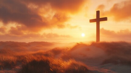 Obraz premium Serene landscape at sunset featuring a majestic Christian cross standing tall over golden grasses, symbolizing hope and faith, illuminated by warm rays of evening light.
