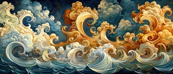 Vibrant ocean waves with dramatic clouds at sunset, creating a serene and dynamic seascape