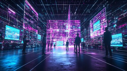 Metaverse City Digital future, people explore glowing data streams, screens display information, business use