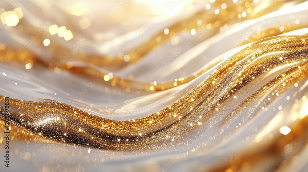 Poster glittering gold waves with sparkling particles in abstract motion