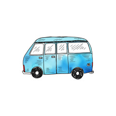 Hand-drawn vehicle car van doodle cartoon watercolor vector.