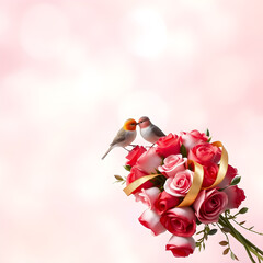 Bird couple with beaks touching on a bouquet of roses