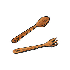Wooden spoon and fork utensil watercolor doodle cartoon hand drawn.