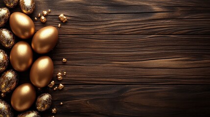 Naklejka premium Golden easter eggs on wooden background with copy space for festive design