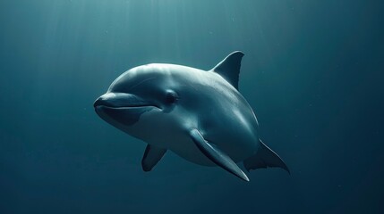 Naklejka premium A playful dolphin swimming gracefully in deep blue ocean waters, sunlight filtering through the surface