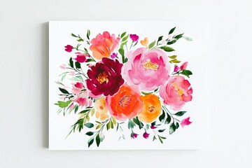 Colorful floral painting featuring assorted blooms and greenery brightening a minimalist background