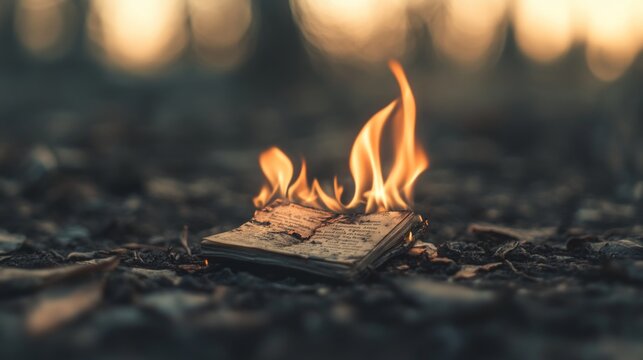 Burning book on ground with flames at sunset.