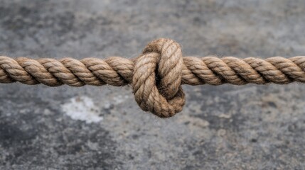 Close-up of a simple knot tied in a thick, natural fiber rope against a textured concrete background.
