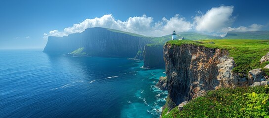Coastal lighthouse scenic view; dramatic cliffs, ocean, sunny sky. Travel, landscape