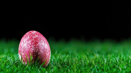Fototapeta premium Pink Easter egg on green grass, dark background, spring holiday