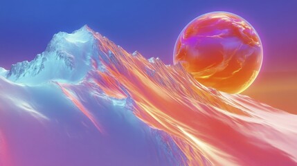 Vibrant surreal sunset mountain landscape with glowing planet