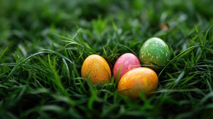 Fototapeta premium Colorful easter eggs in lush grass with minimalist design for spring celebration