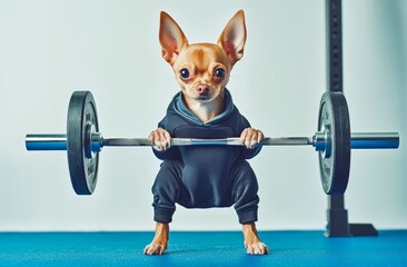 A close-up of a tiny chihuahua surrounded by sports equipment, conveying ideas of fitness and strength training