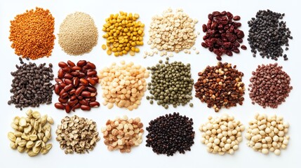 Assorted legumes and grains arranged in rows on a white background