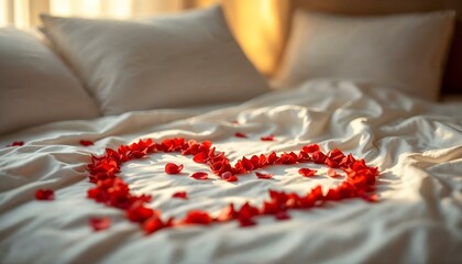  A red rose on a plush pillow with rose petals in a heart shape, creating a romantic bedroom ambiance.