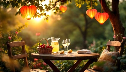 Fototapeta premium A rustic garden table with strawberries, lemonade, and heart-shaped lanterns, creating a romantic Valentine's Day scene.