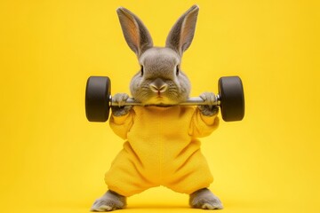 A fantastical image of a cartoon rabbit hoisting a heavy barbell on a yellow background