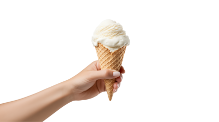 Womans Hand Holding Delicious Vanilla Ice Cream Cone