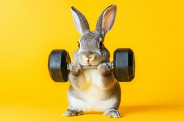 Strong, funny rabbit donning sportswear and working out with dumbbells