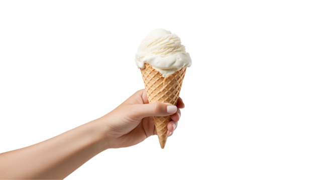Womans Hand Holding Delicious Vanilla Ice Cream Cone