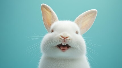 Obraz premium Cute white rabbit or bunny with a happy expression on a light blue background for animal love and pet enthusiasts