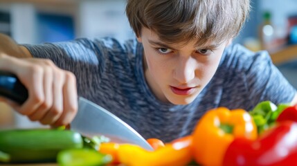 Angry Teen Boy Chopping Vegetables in Kitchen
