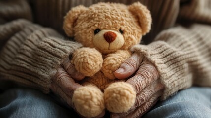 Elderly Woman's Sad Embrace of Teddy Bear - Close Up