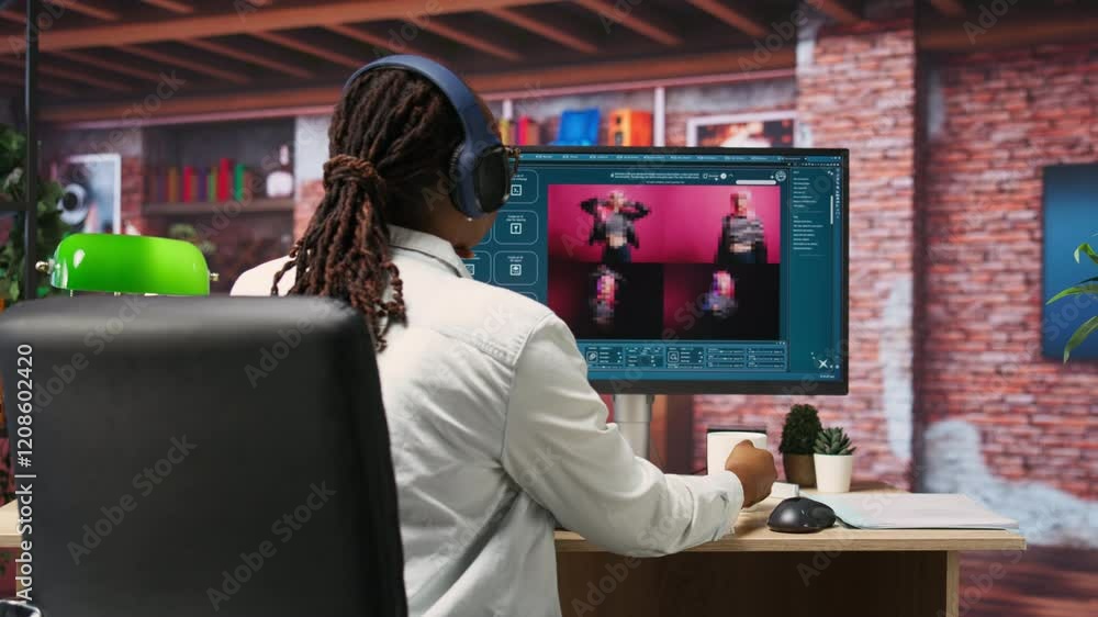 Poster Graphic designer designing UX for AI software turning text prompt into photos. IT specialist drinking coffee using machine learning tech to build text to image AI generative models, camera B