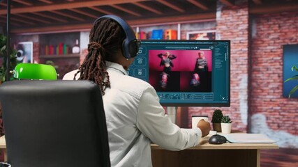 Graphic designer designing UX for AI software turning text prompt into photos. IT specialist drinking coffee using machine learning tech to build text to image AI generative models, camera B