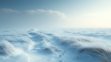 A snowy coastal landscape with icy cliffs, a calm ocean in the distance, and snowflakes gently falling. 331