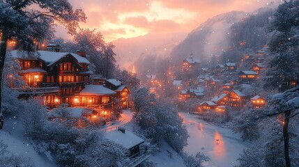 A rolling snow-covered hill at sunset, with the warm glow of the sun casting long shadows across the pristine snow. 333