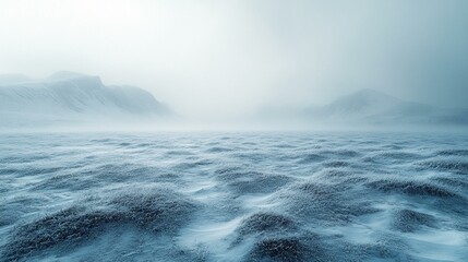 A snowy coastal landscape with icy cliffs, a calm ocean in the distance, and snowflakes gently falling. 332