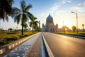 Fototapeta premium Quaid e Azam Tomb at sunset showcasing its faded colors amidst tranquil surroundings