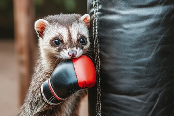 A ferret focuses intently on its punching bag workout in an urban gym, demonstrating great discipline
