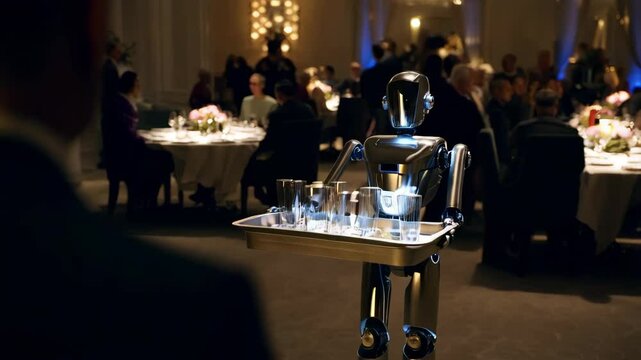 Sleek humanoid robot navigating between tables, serving drinks with precision at elegant gala dinner in high end restaurant