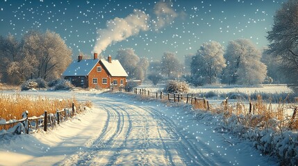 A snowy field with a lone, bare tree standing against a backdrop of snow-covered hills and a pale blue sky. 378