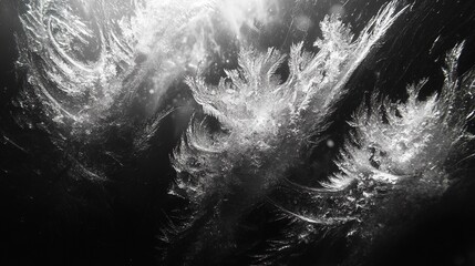 A macro shot of frost forming geometric shapes on a leaf, with a soft, blurred background. 416