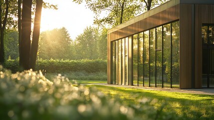 Modern glass house in lush garden at sunset.