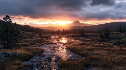 Sunset over mountain stream, autumnal landscape, peaceful nature scene, ideal for travel brochures