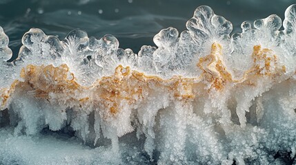 A smooth frosty surface on a wooden table, with thin, frost-covered cracks creating a textured pattern. 450