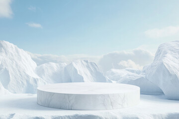 Platform surrounded by natural winter landscape featuring snow-covered mountains and a clear blue sky