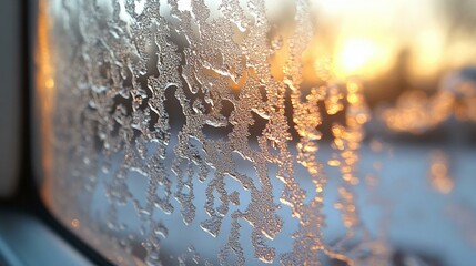 A layer of frost covering a car windshield, with thin, delicate frost patterns and a light reflection. 478