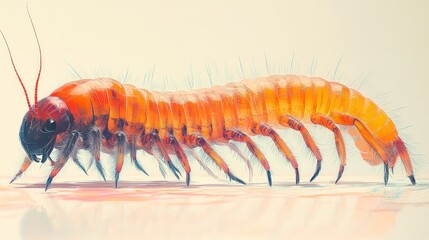 Fototapeta premium Orange segmented creature, many legs, detailed artwork.