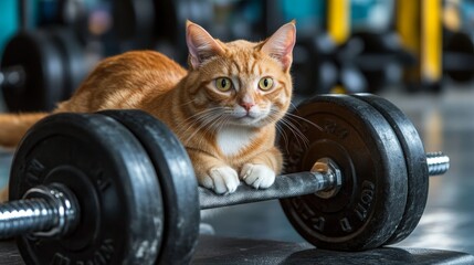 Kot unika treningu w centrum fitness, co sugeruje zabawne podejście zwierząt domowych do ruchu