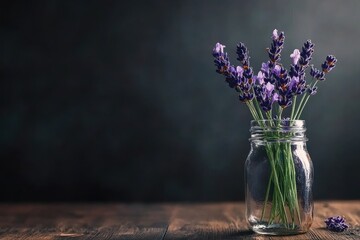 Vibrant Lavender Flowers in Glass Jar on Wooden Table with Dark Background, Perfect for Decoration or Aromatherapy Enthusiasts